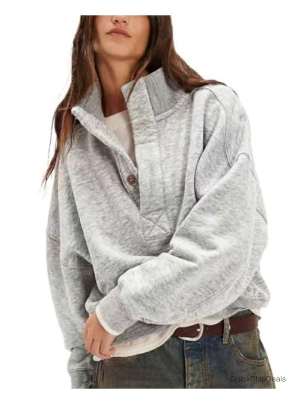 Women's Oversized Henley Neck Sweatshirt Long Sleeve Button Pullover Top